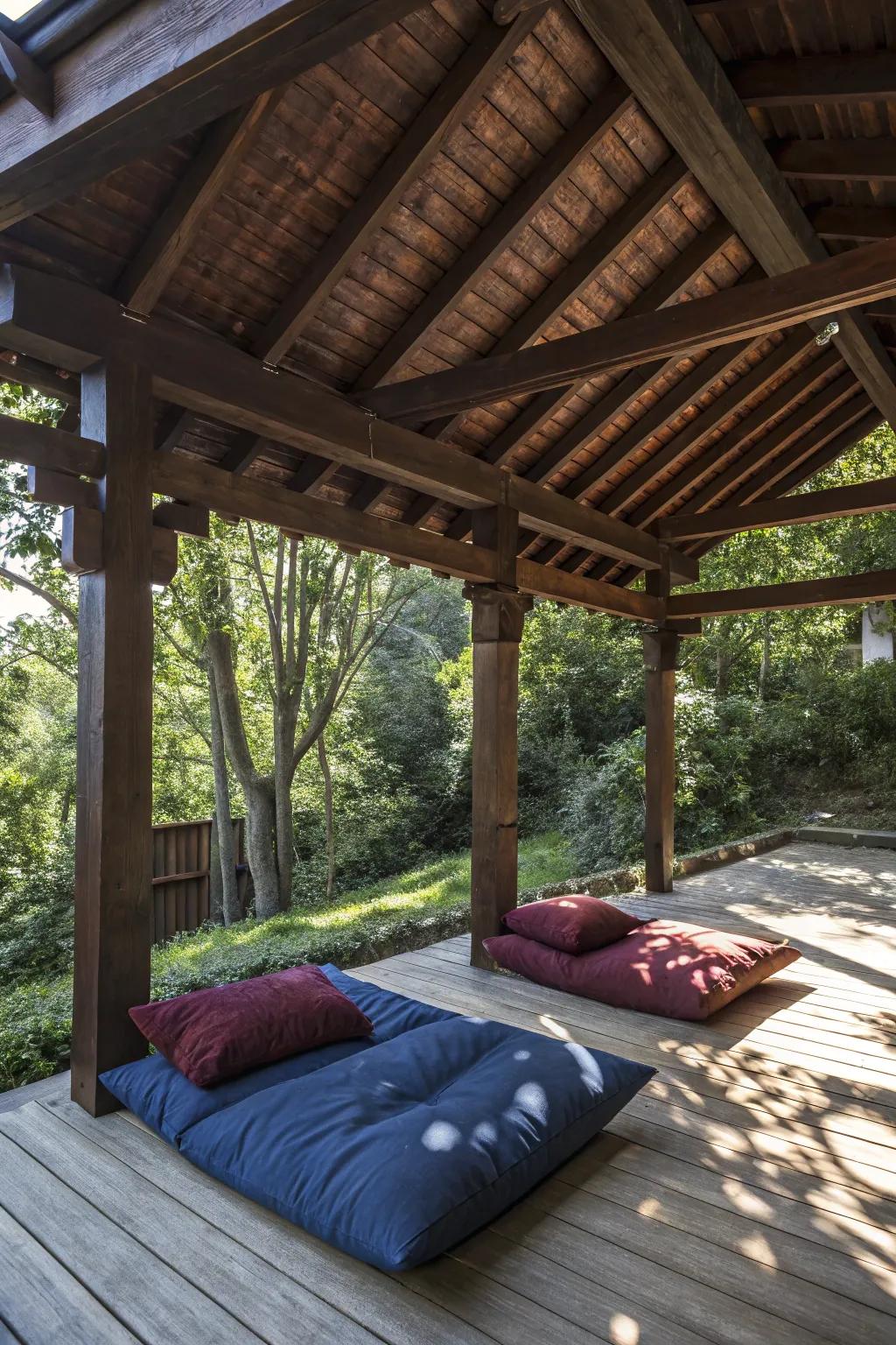 Find your tranquility beneath a handcrafted lean-to, where nature and design meet for a perfect meditation retreat.
