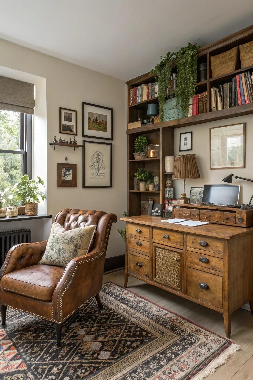 An eclectic mix of styles creates a unique and personalized workspace.