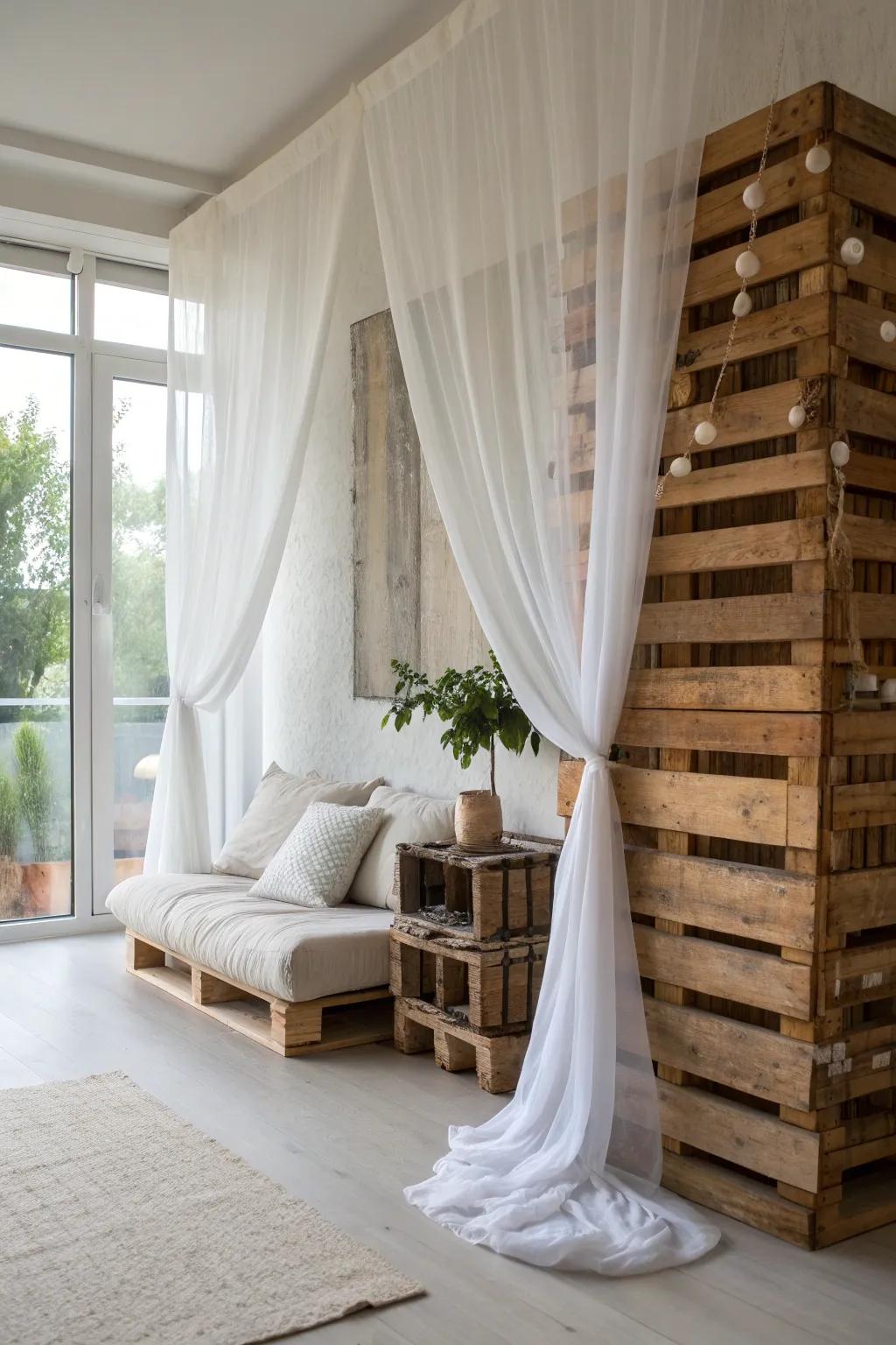 Transform your space with the elegance of sheer curtains against a rustic pallet wall, where simplicity meets natural beauty.