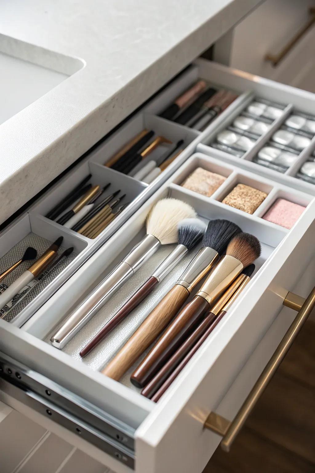 Silverware trays offer an organized and hidden storage solution for brushes.
