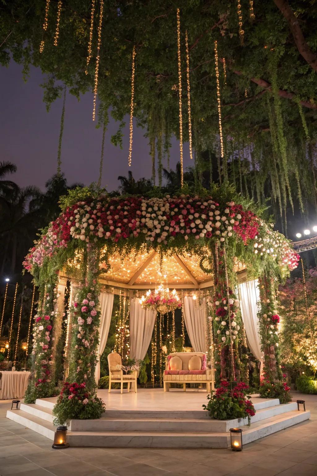 Hanging gardens add a whimsical, ethereal quality to a mandap.