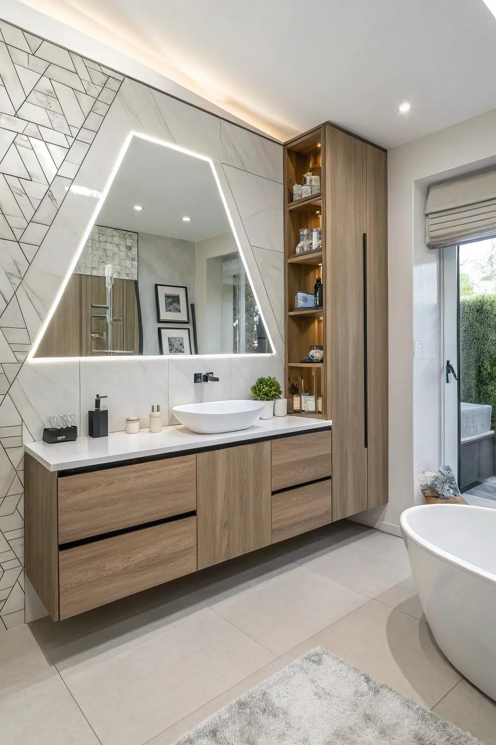 Asymmetrical designs offer a unique twist to modern bathroom cabinets.