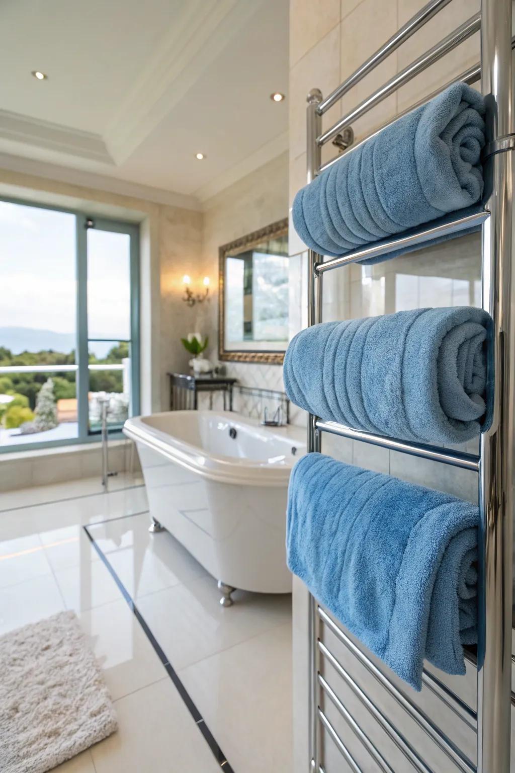 Luxurious blue towels add a simple yet effective pop of color.