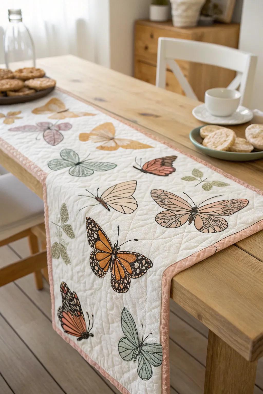 Add a touch of whimsical elegance to your dining space with a handcrafted butterfly table runner, celebrating the beauty of nature and the art of patchwork.