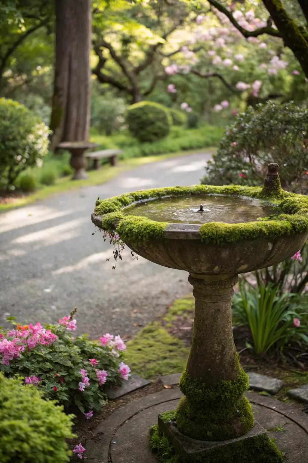 A birdbath creatively transformed into a moss garden feature.
