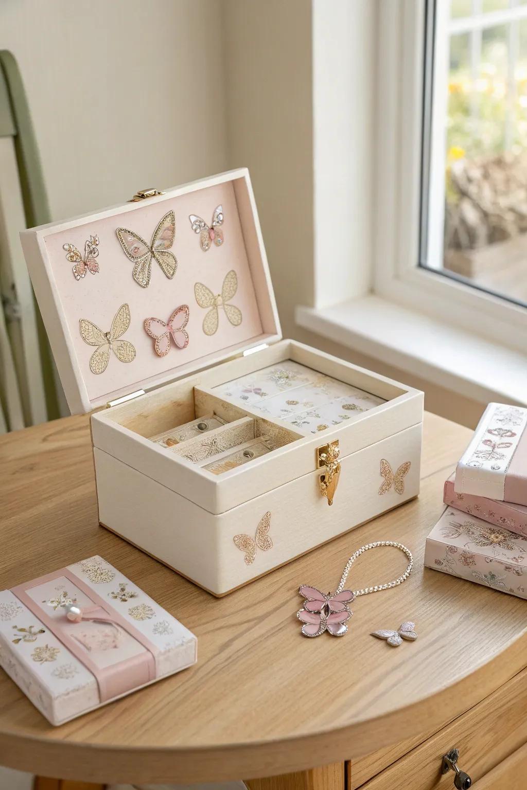 Delight Mom with a handcrafted butterfly jewelry box—where simplicity meets elegance. Perfect for her cherished treasures.