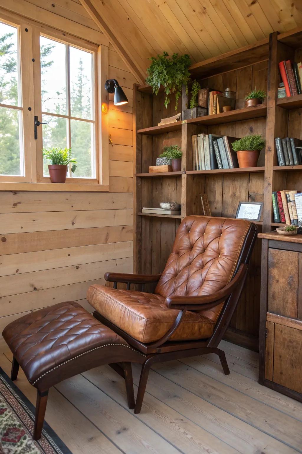 Transform your shed with a cozy corner nook, where vintage charm meets modern comfort.