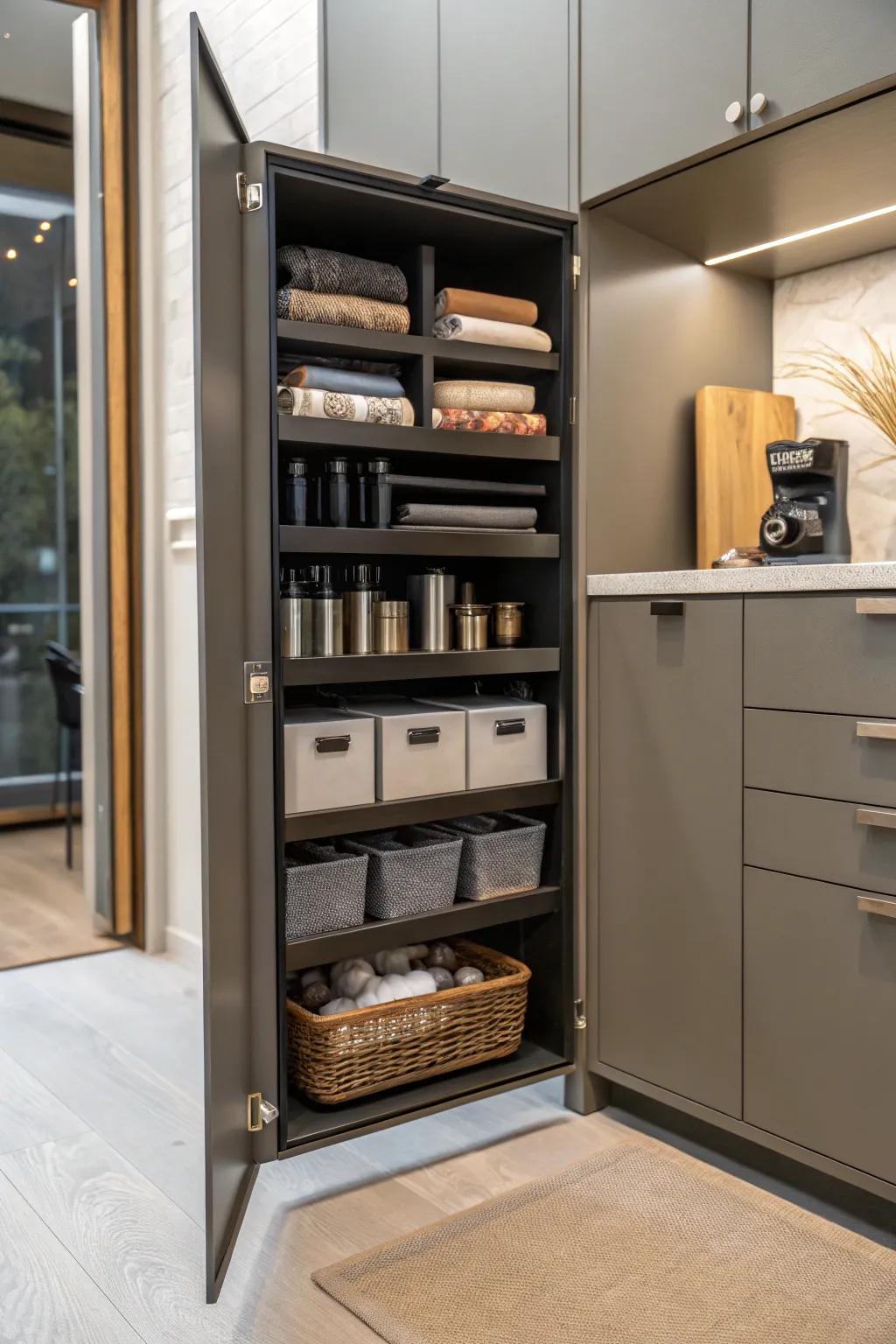 Adjustable shelving in a narrow cabinet offering customizable storage.