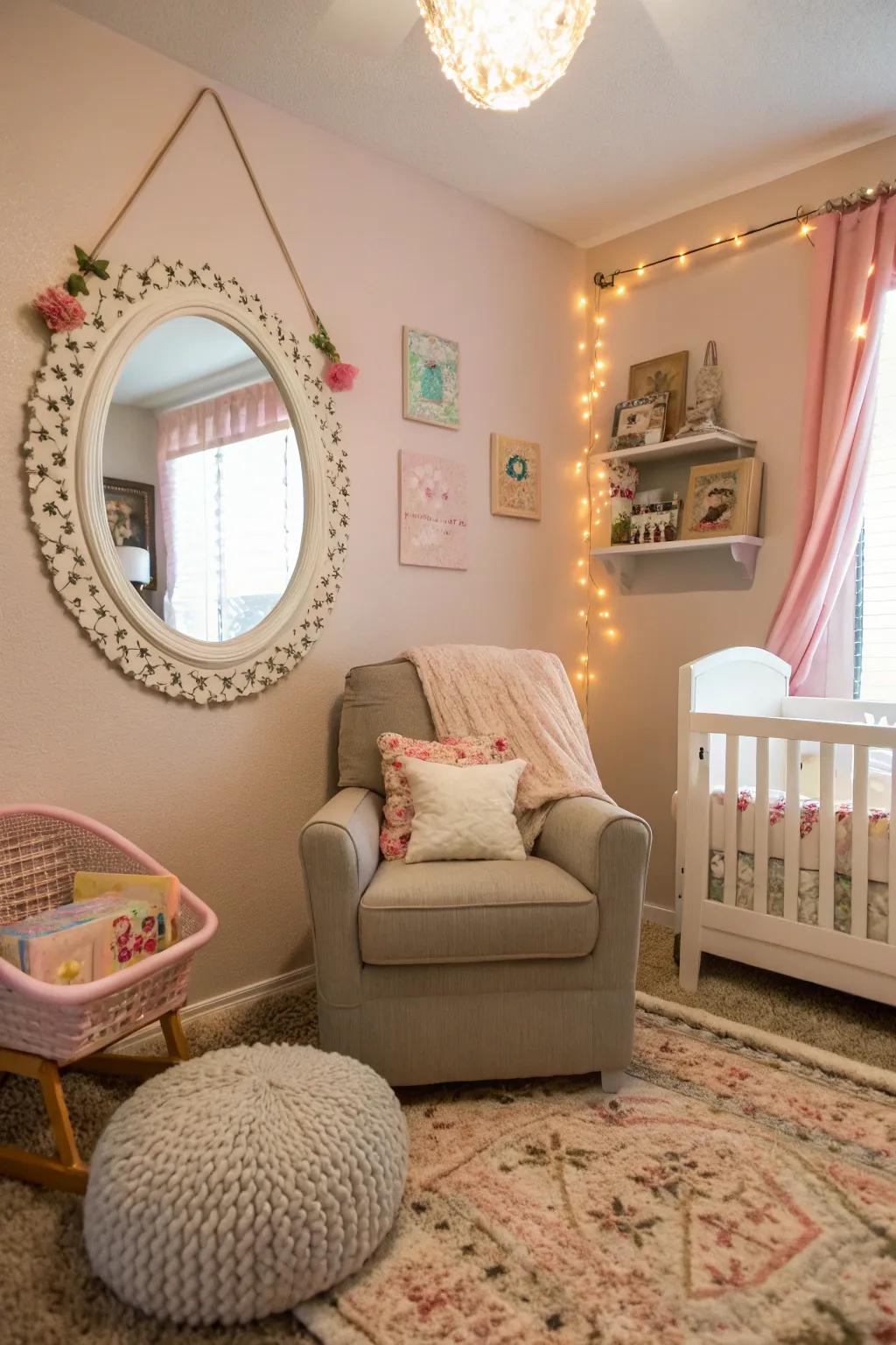 Mirrors can expand the visual space of a nursery nook.