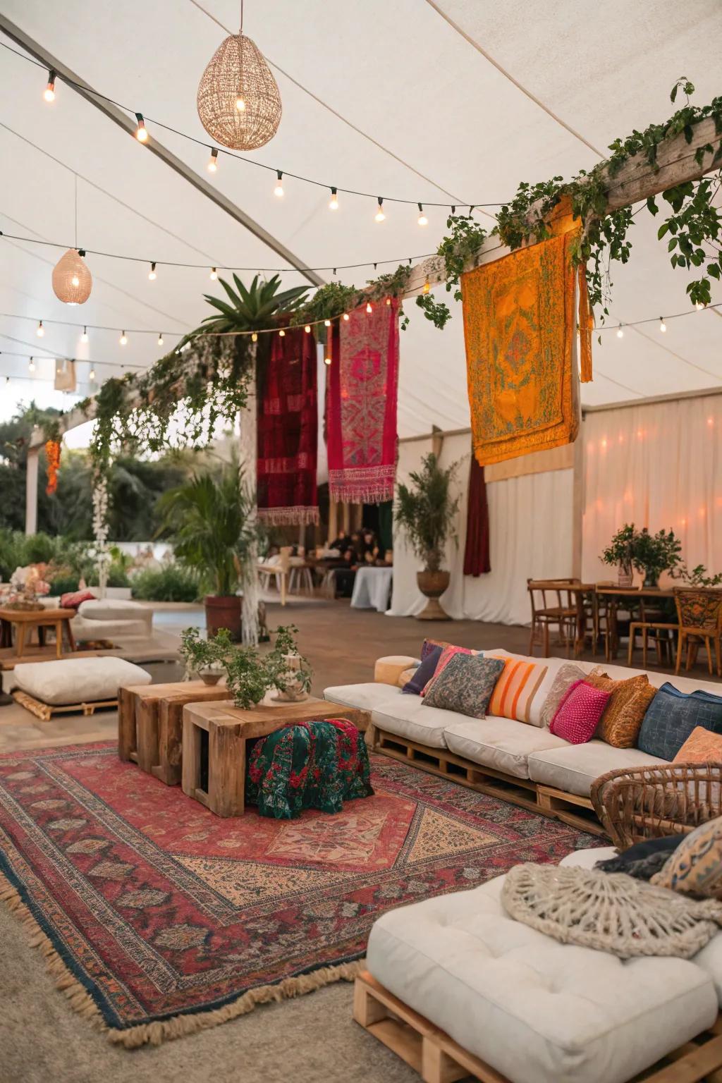 A cozy boho lounge area perfect for guests to relax and mingle.
