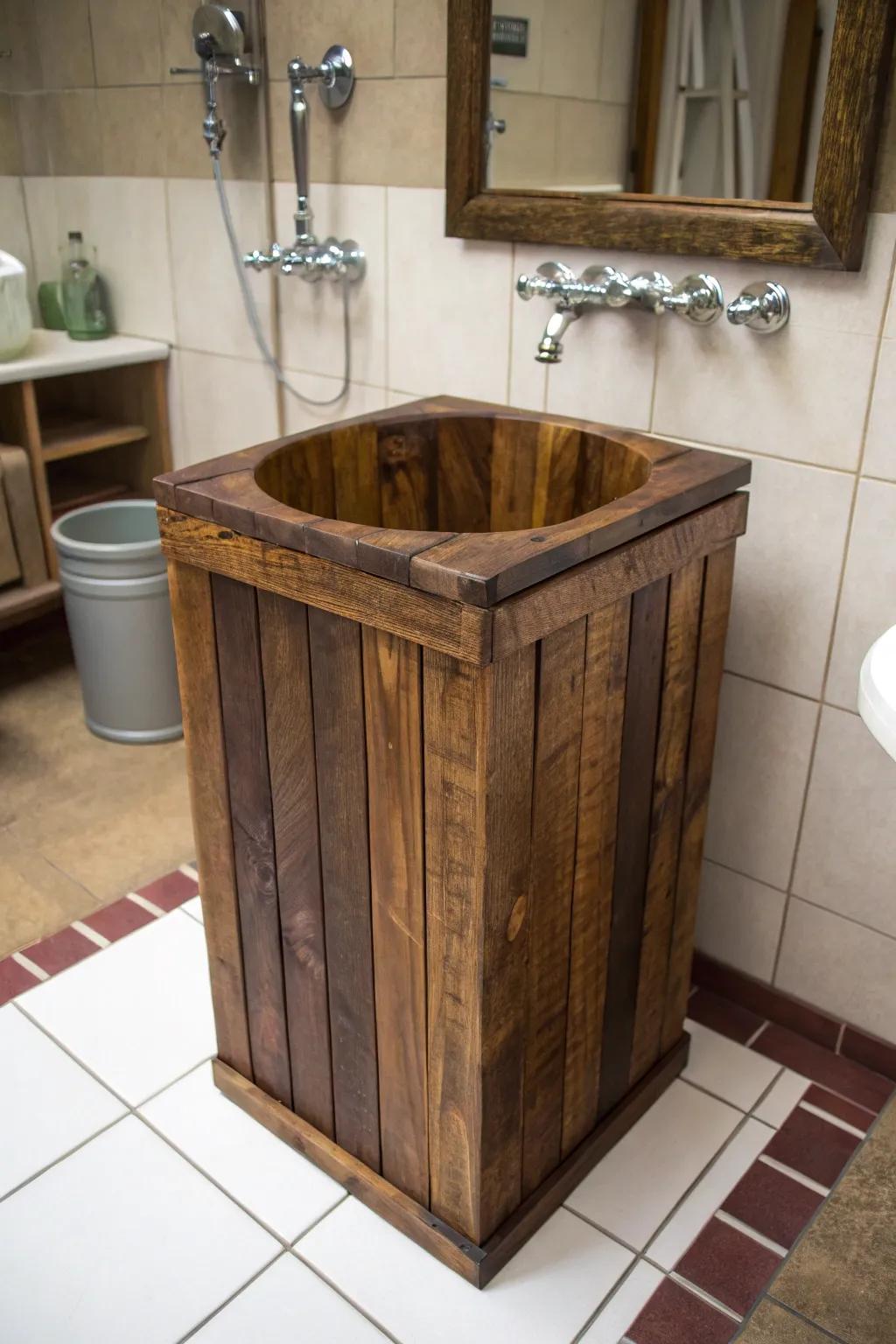 Elevate your bathroom decor with a handcrafted pallet waste bin that adds a touch of rustic charm and cohesion.
