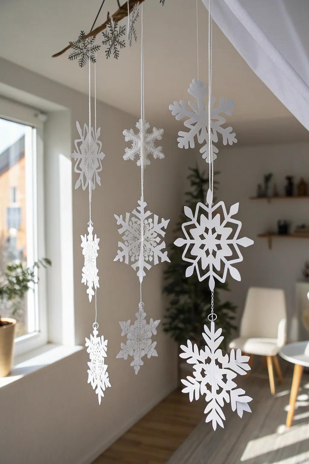 Bring tranquility home with a delicate snowflake mobile, a perfect blend of minimalist elegance and natural beauty.
