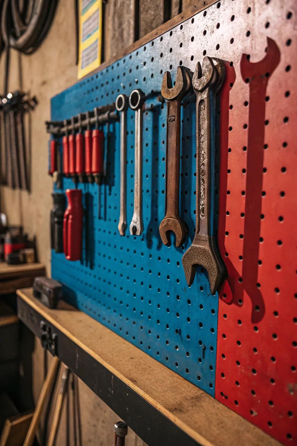 Organize your garage in style with vintage tool shadows on a vibrant pegboard.