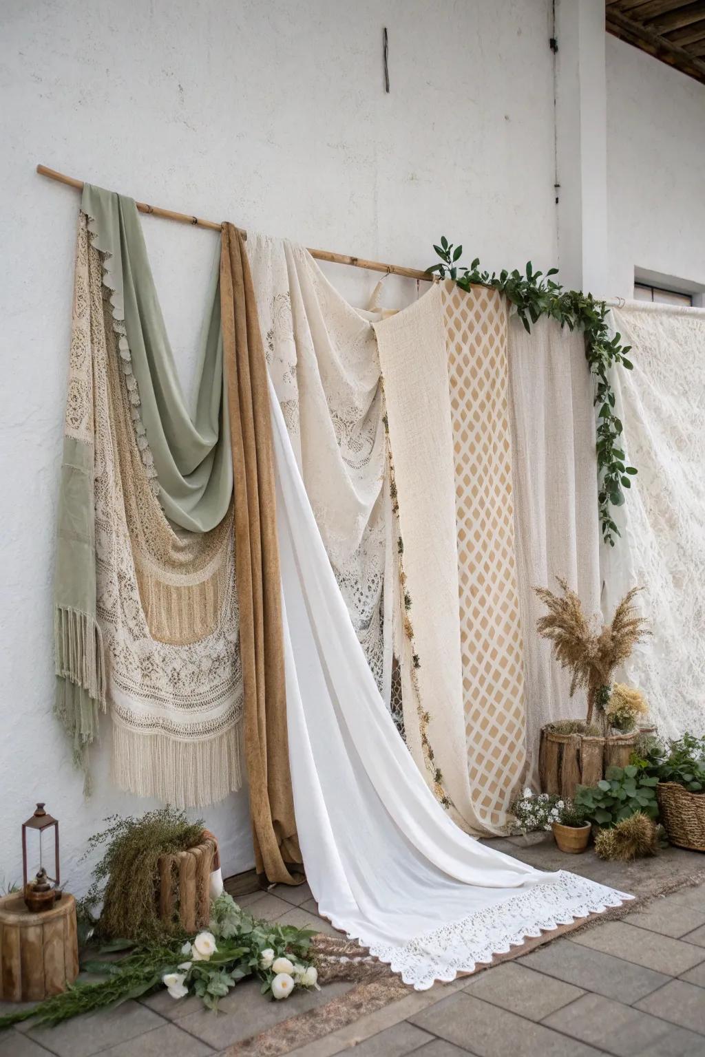 Create a stunning photo booth backdrop with an eclectic mix of fabrics for a touch of minimalist magic.