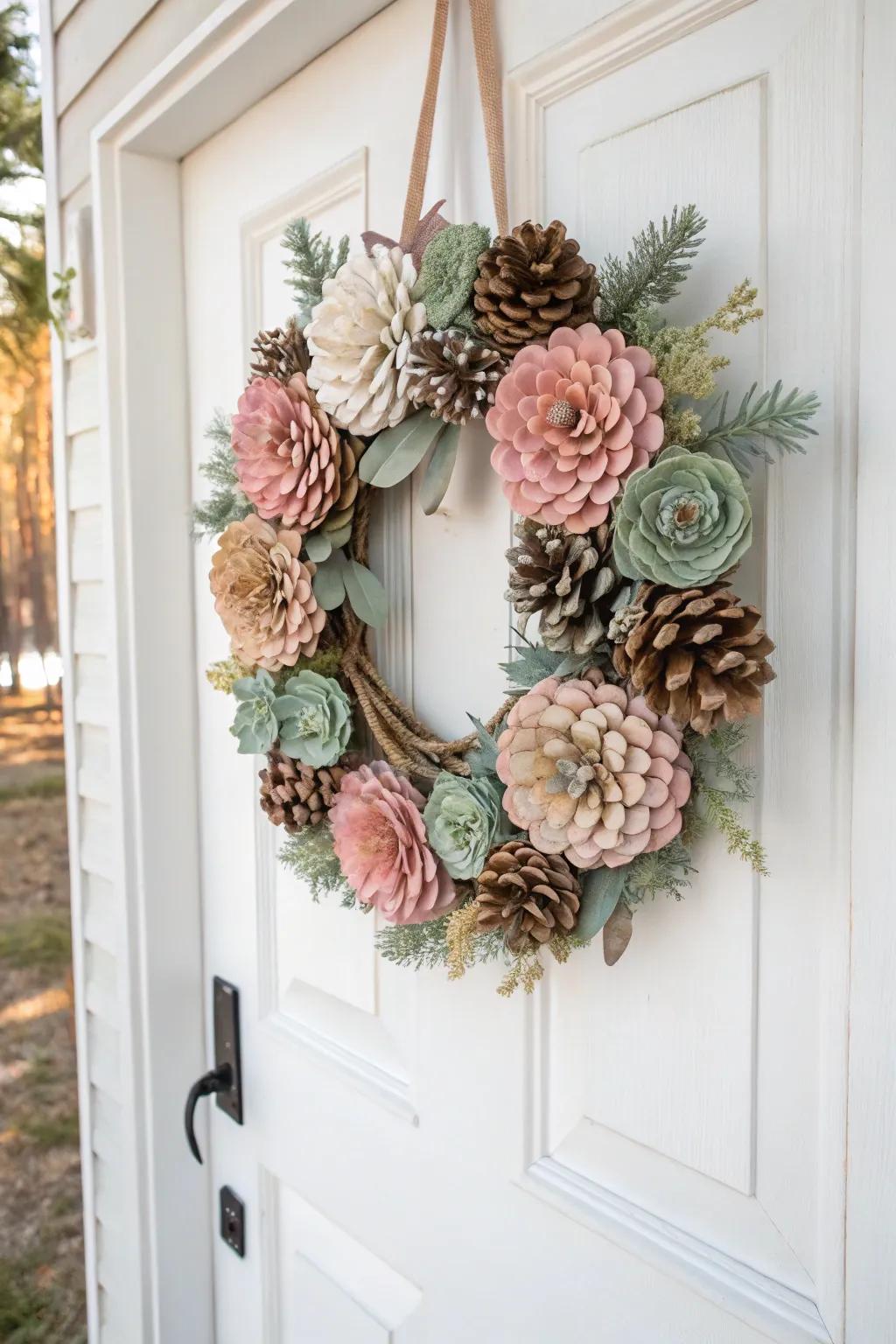 Welcome with Nature's Charm: A Pinecone Flower Door Hanger for a Delightful Entryway
