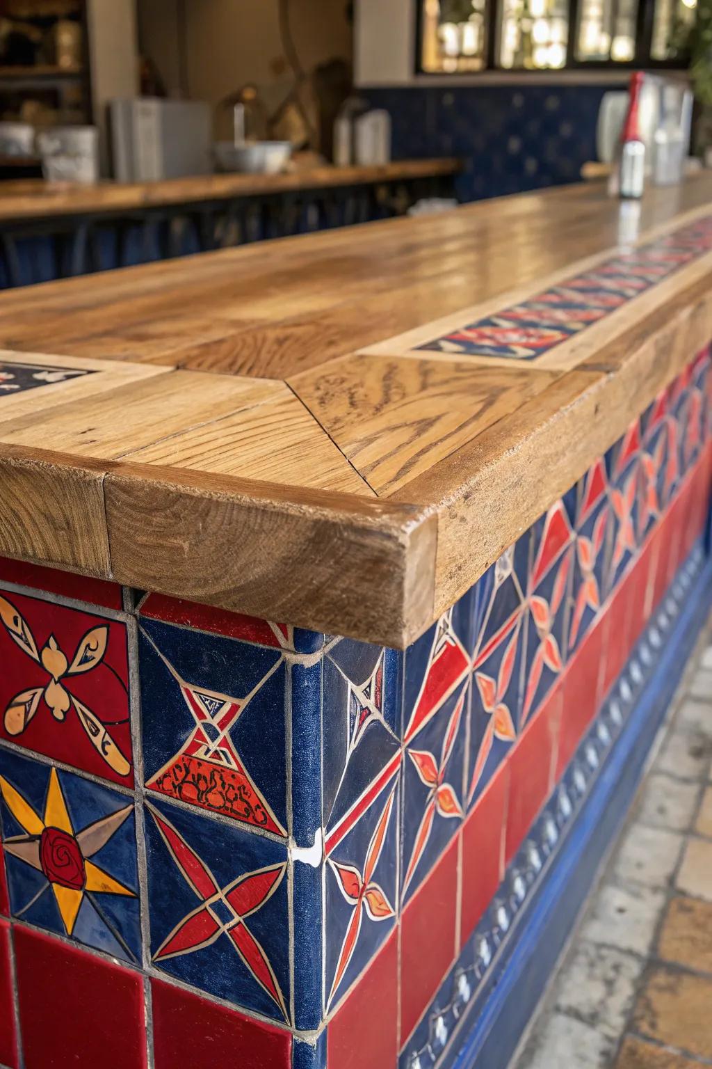 Elevate your bar with the perfect blend of plywood and vibrant tiles for an eye-catching, artisanal touch.
