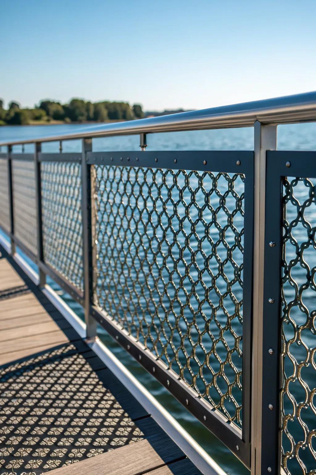 Elevate your pontoon's style with a modern mesh railing that combines safety and artistry.