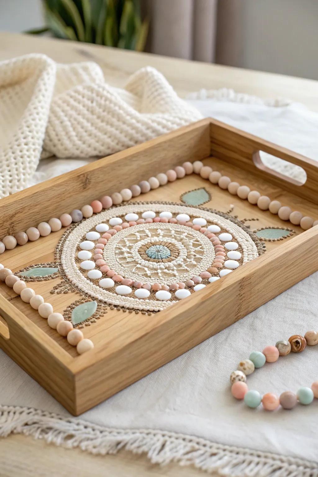 Elevate your gatherings with a handcrafted bead mosaic tray that combines artistry and function.