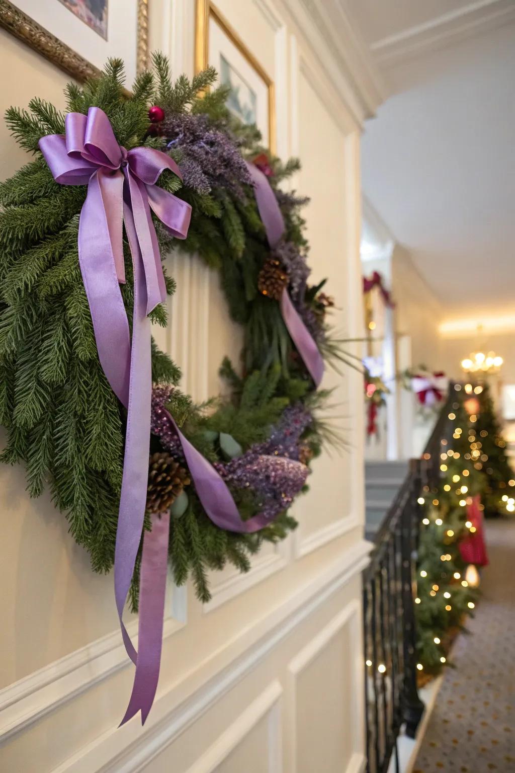 Purple ribbons add a delightful pop of color to holiday decor.