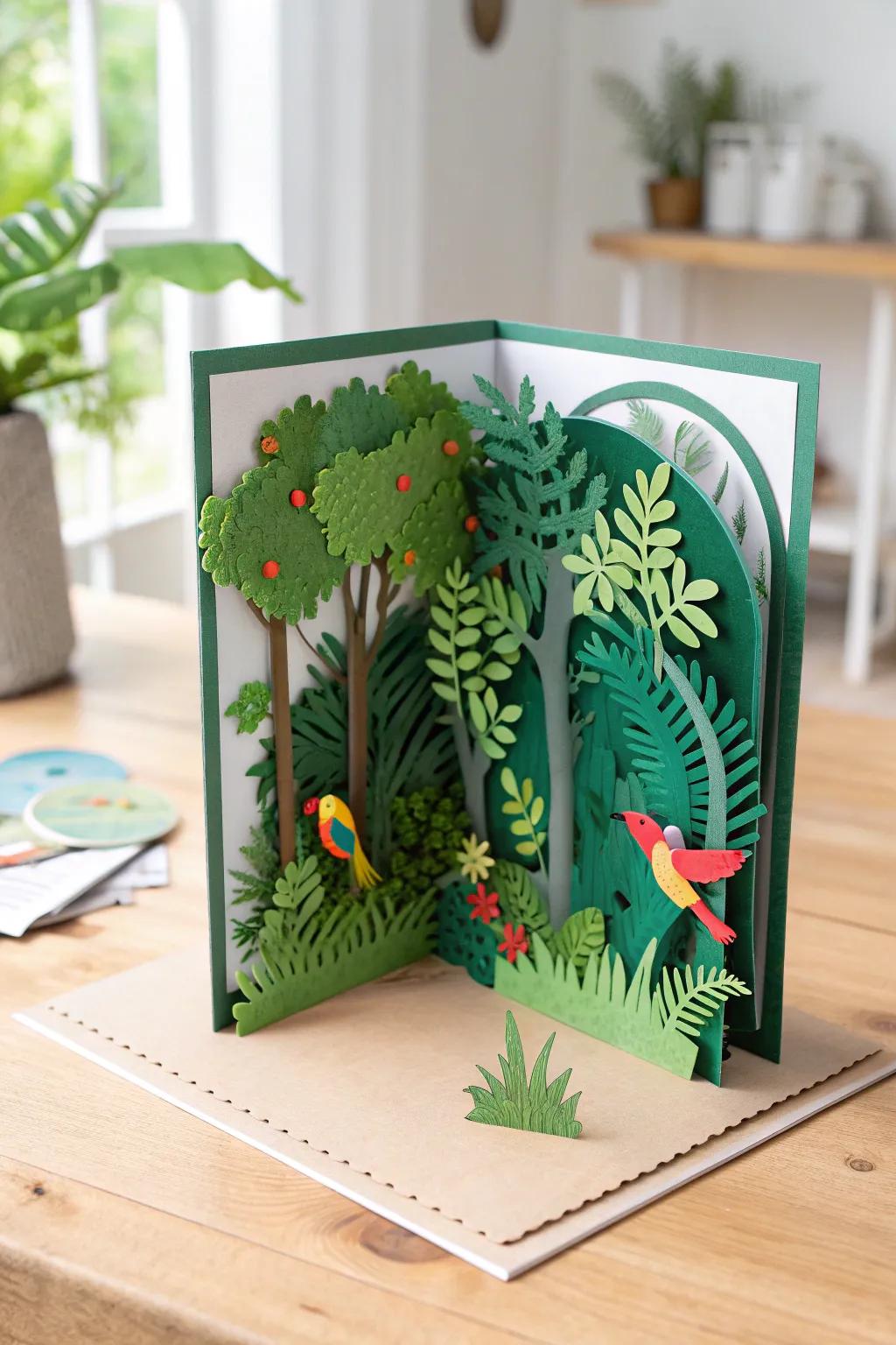 Bring the rainforest to life with a stunning pop-up card—where nature's beauty meets artistic simplicity.