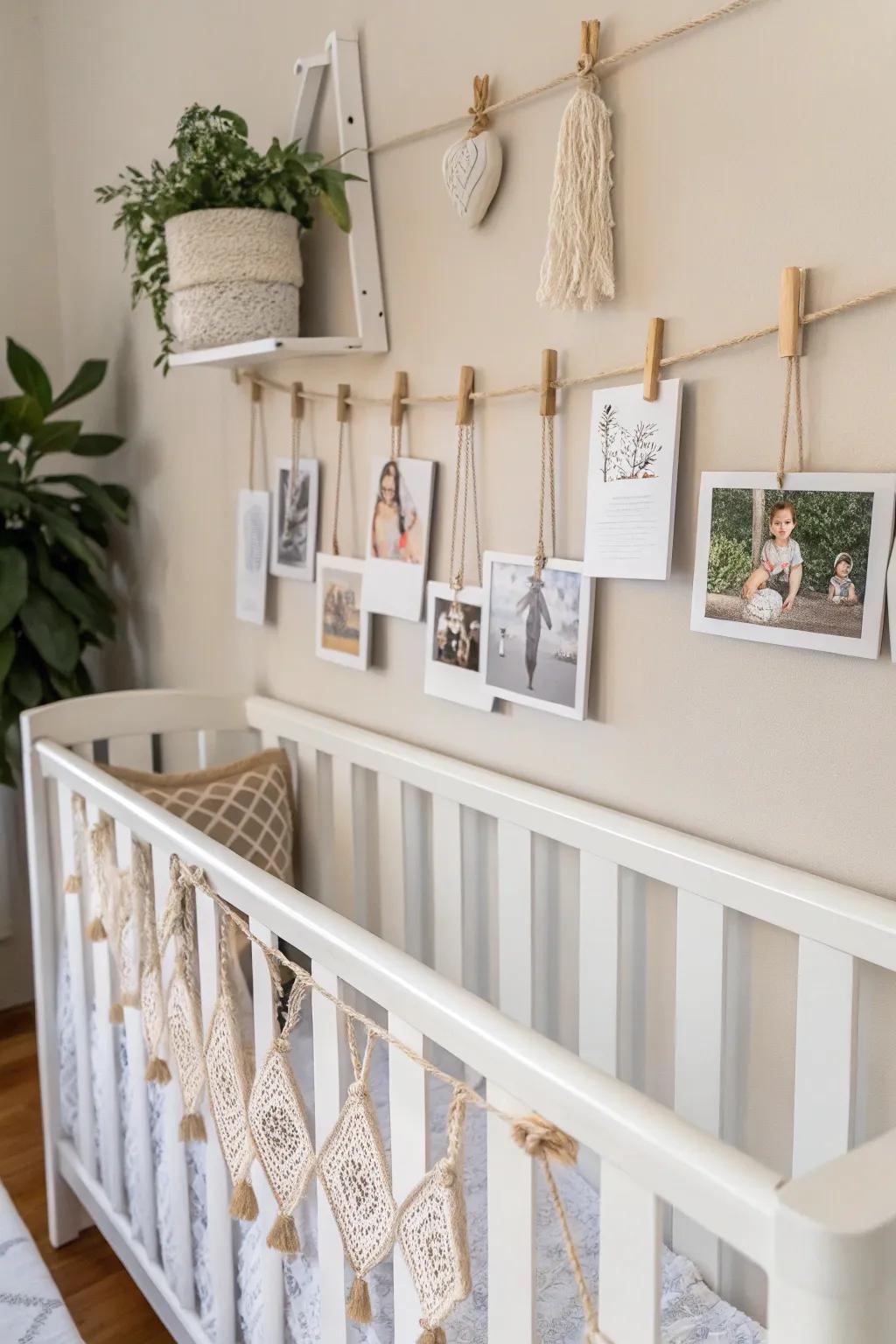Transform your space with this chic and simple crib rail photo display, blending Scandinavian minimalism and boho charm.