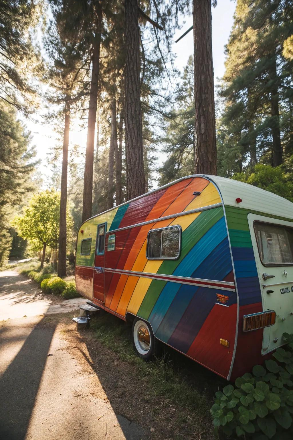Turn heads on the open road with a retro rainbow camper, where bold colors meet timeless craftsmanship.