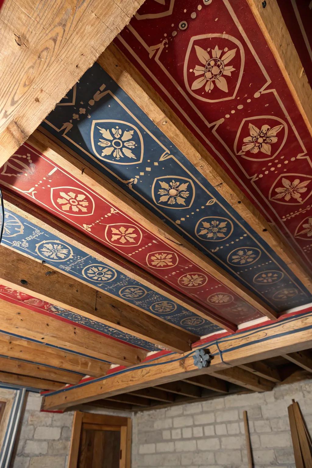 Transform your space with bold stenciling on a rustic ceiling.