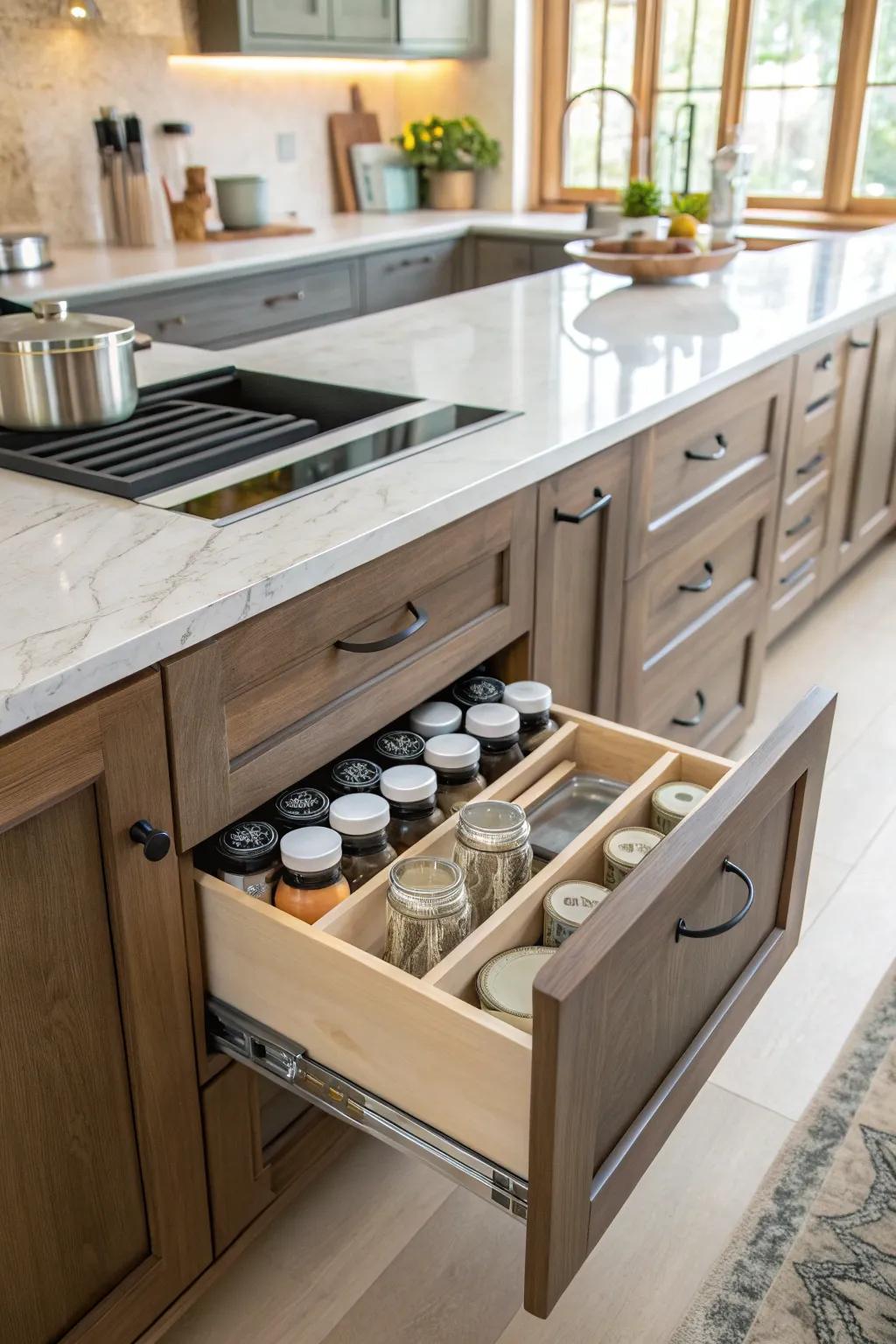 A hidden compartment drawer offers discreet storage for shaker bottles.