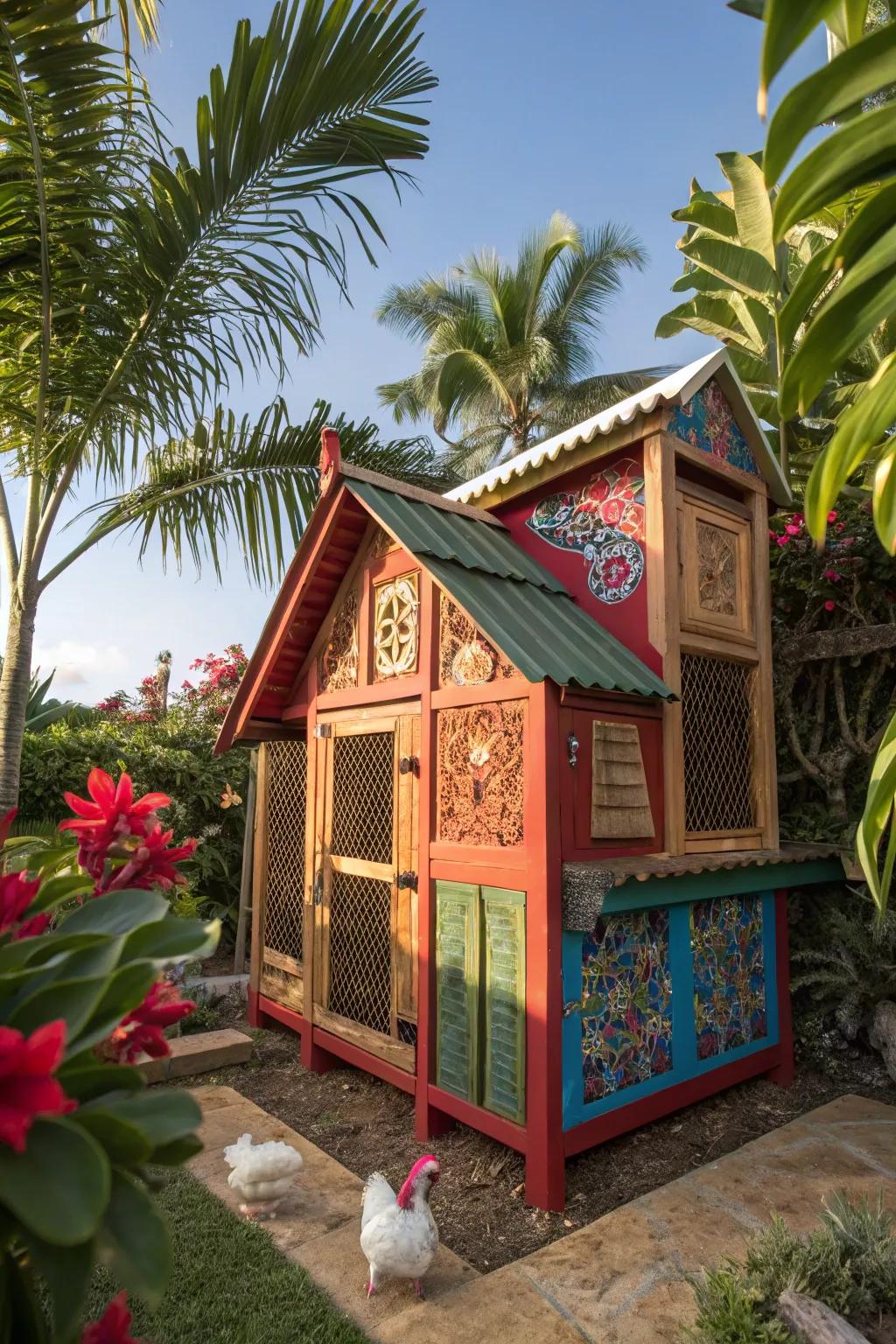 Escape to paradise with this tropical chicken coop haven, where craftsmanship meets vibrant serenity.