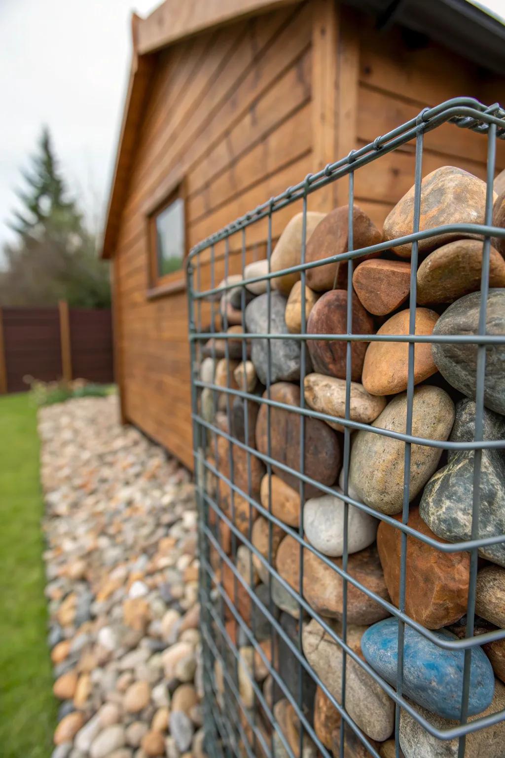 Elevate your shed's style with striking gabion basket skirting – where craftsmanship meets modern design.