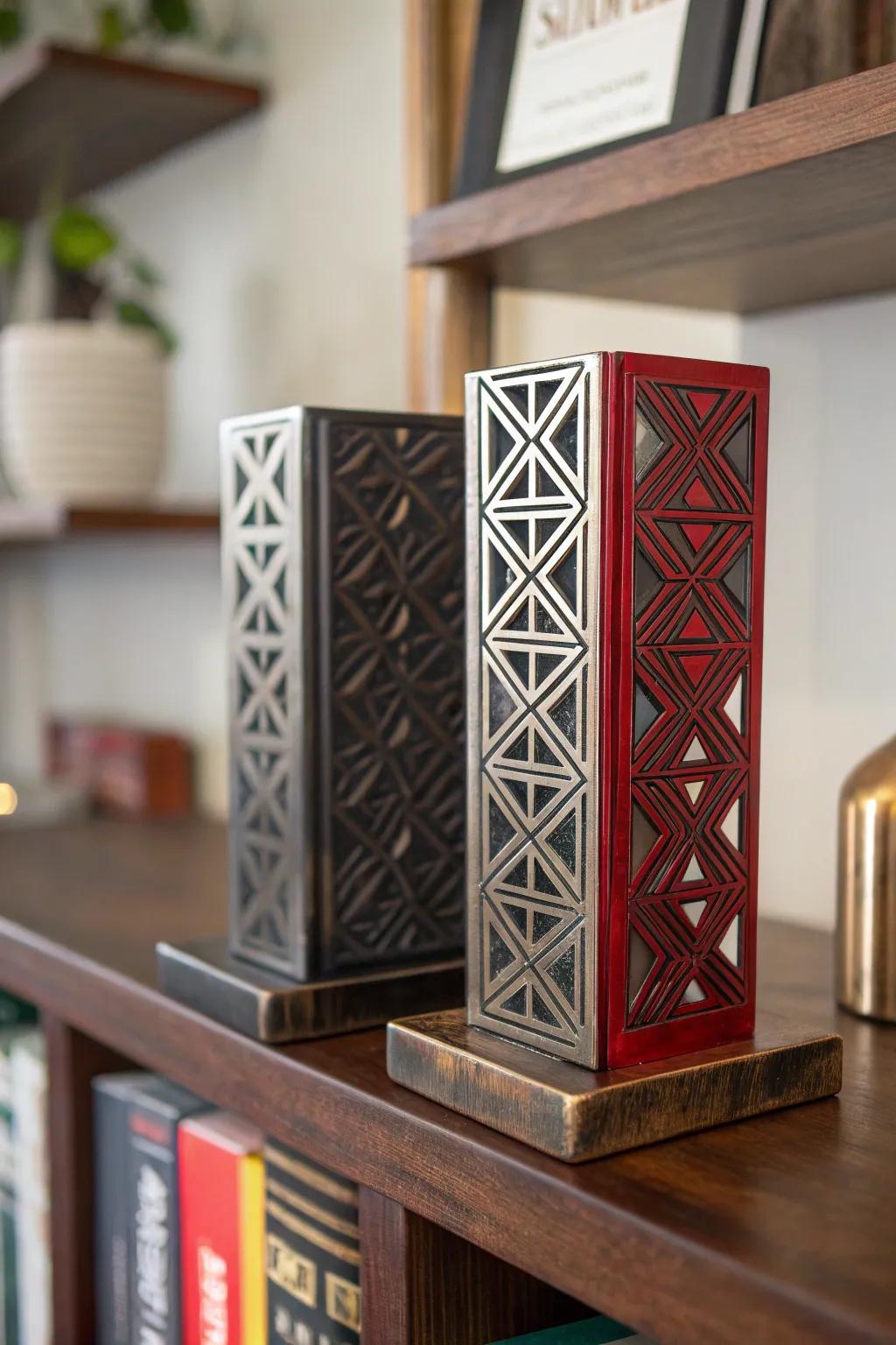 Elevate your bookshelf with these artisan-crafted metallic bookends, where style meets functionality.