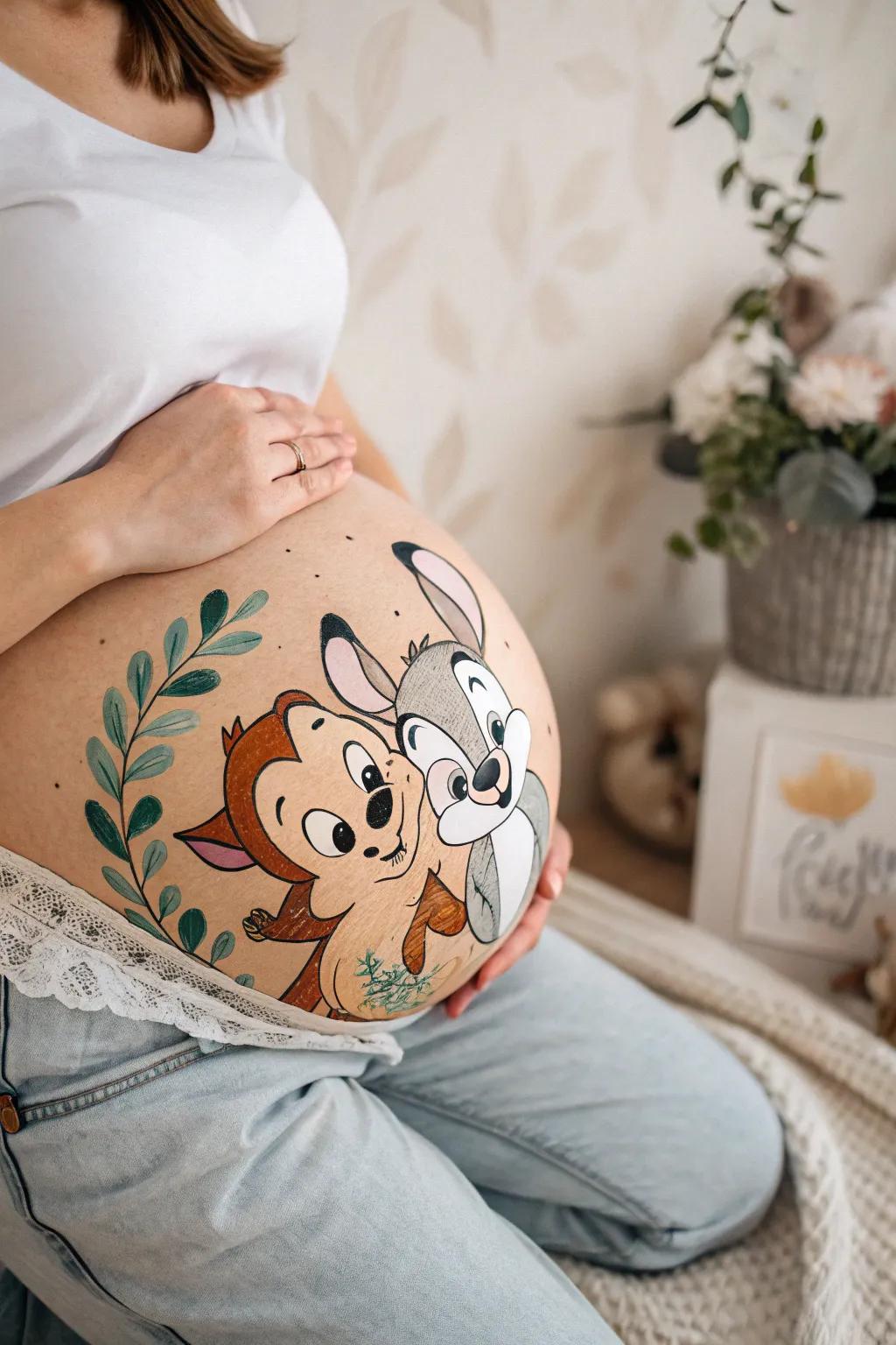 Embrace the joy of anticipation with a playful peek-a-boo belly painting that adds a whimsical touch to your journey.