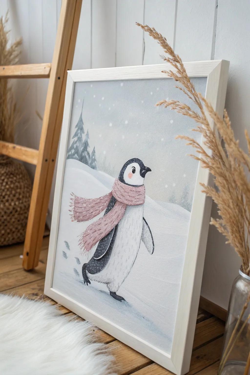 Whimsical winter charm with a playful penguin in pastel hues.