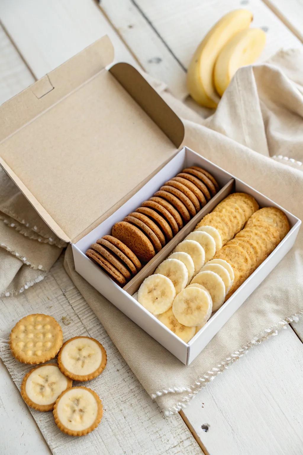 Savor the simplicity with this classic combo: peanut butter crackers and sliced bananas, perfect for a delightful snackle box moment.