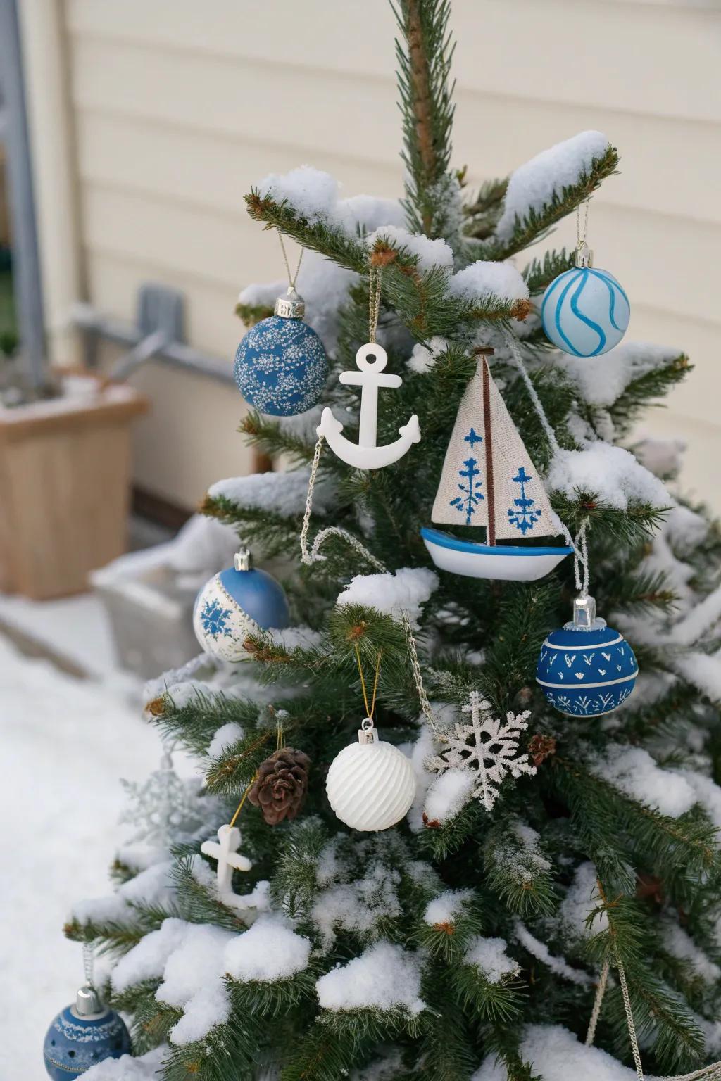 A nautical theme for an unexpected and refreshing snowy Christmas tree.