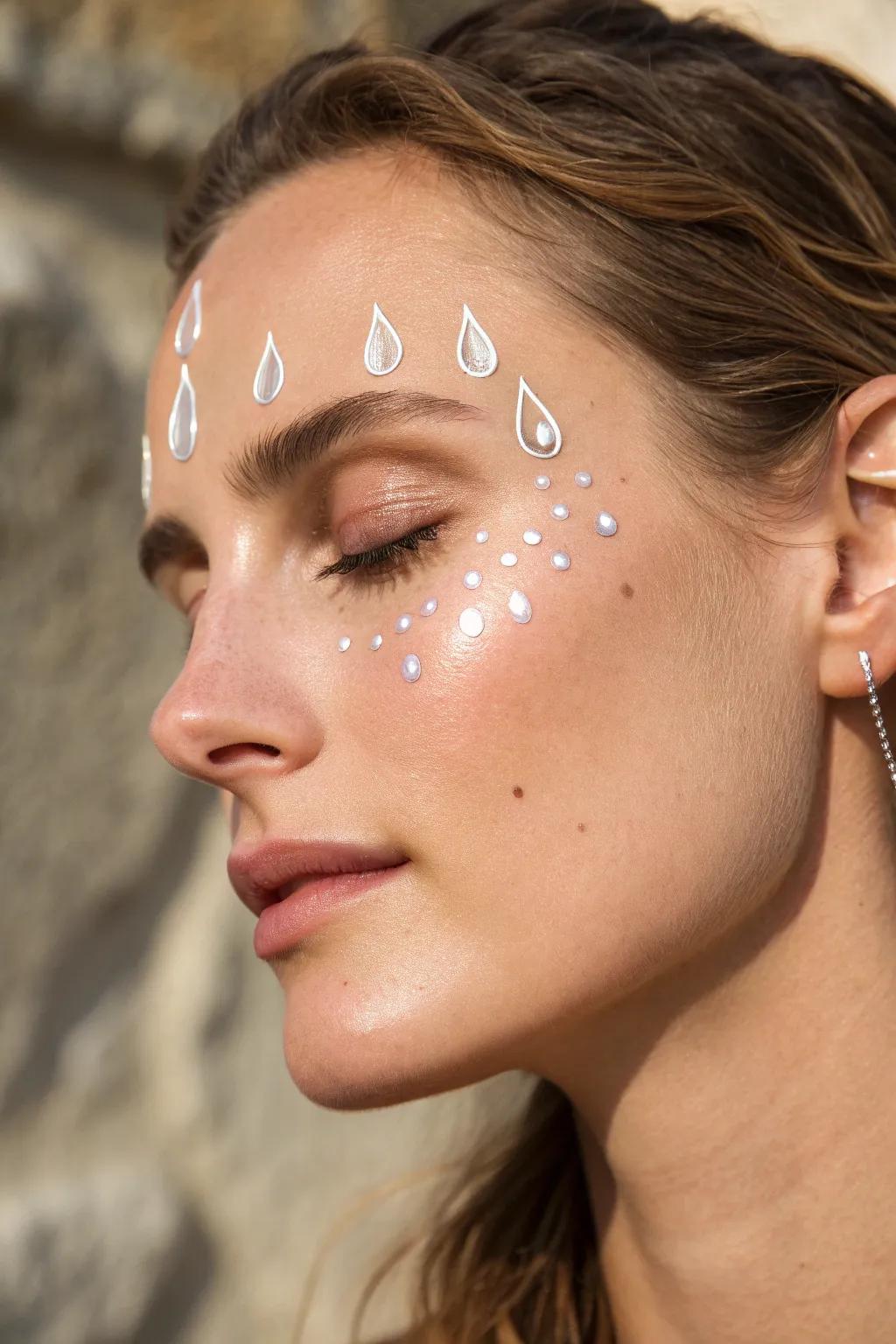 Embrace the freshness of spring with glistening raindrop face paint that captures the season's essence.