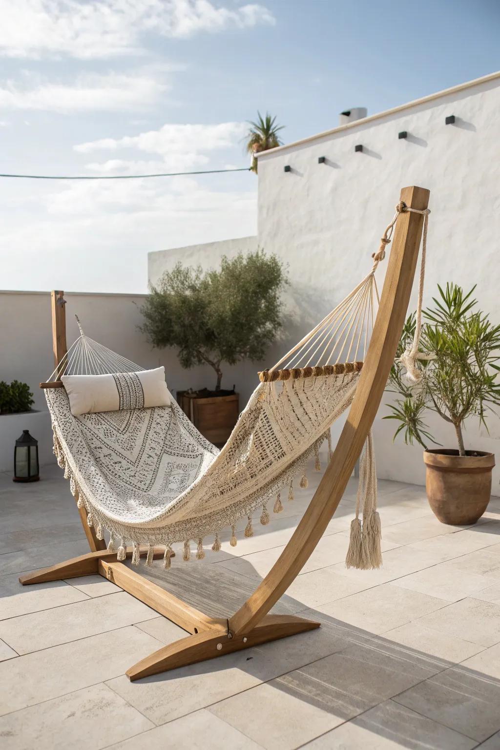 Embrace tranquility with a portable hammock—your perfect escape for a serene afternoon on the patio.