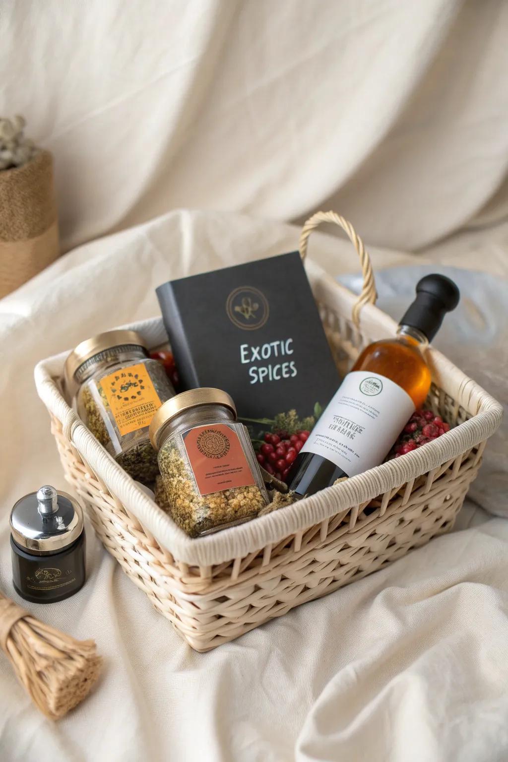 Embark on a culinary adventure with this elegant gift basket, perfect for the curious chef.