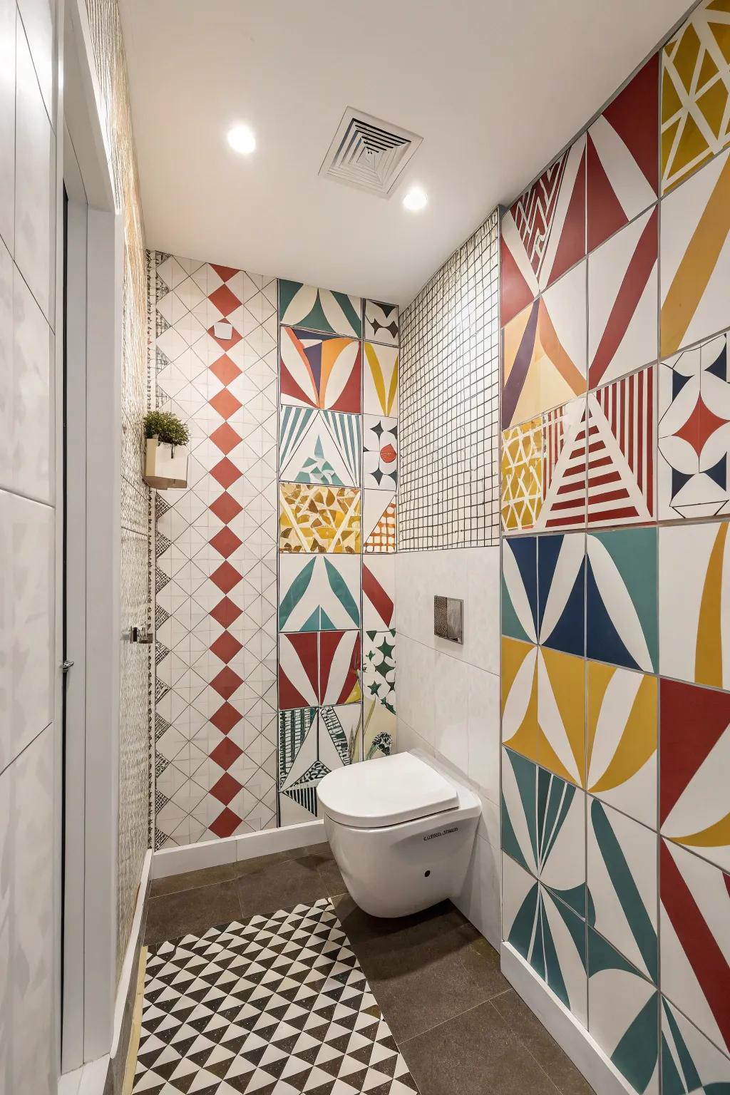 Modern and dynamic design with geometric patterns in a toilet room.