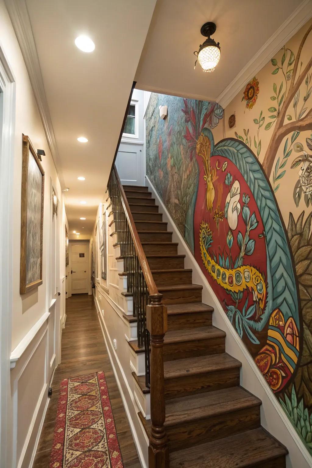 A custom mural turns the staircase wall into an artistic masterpiece.