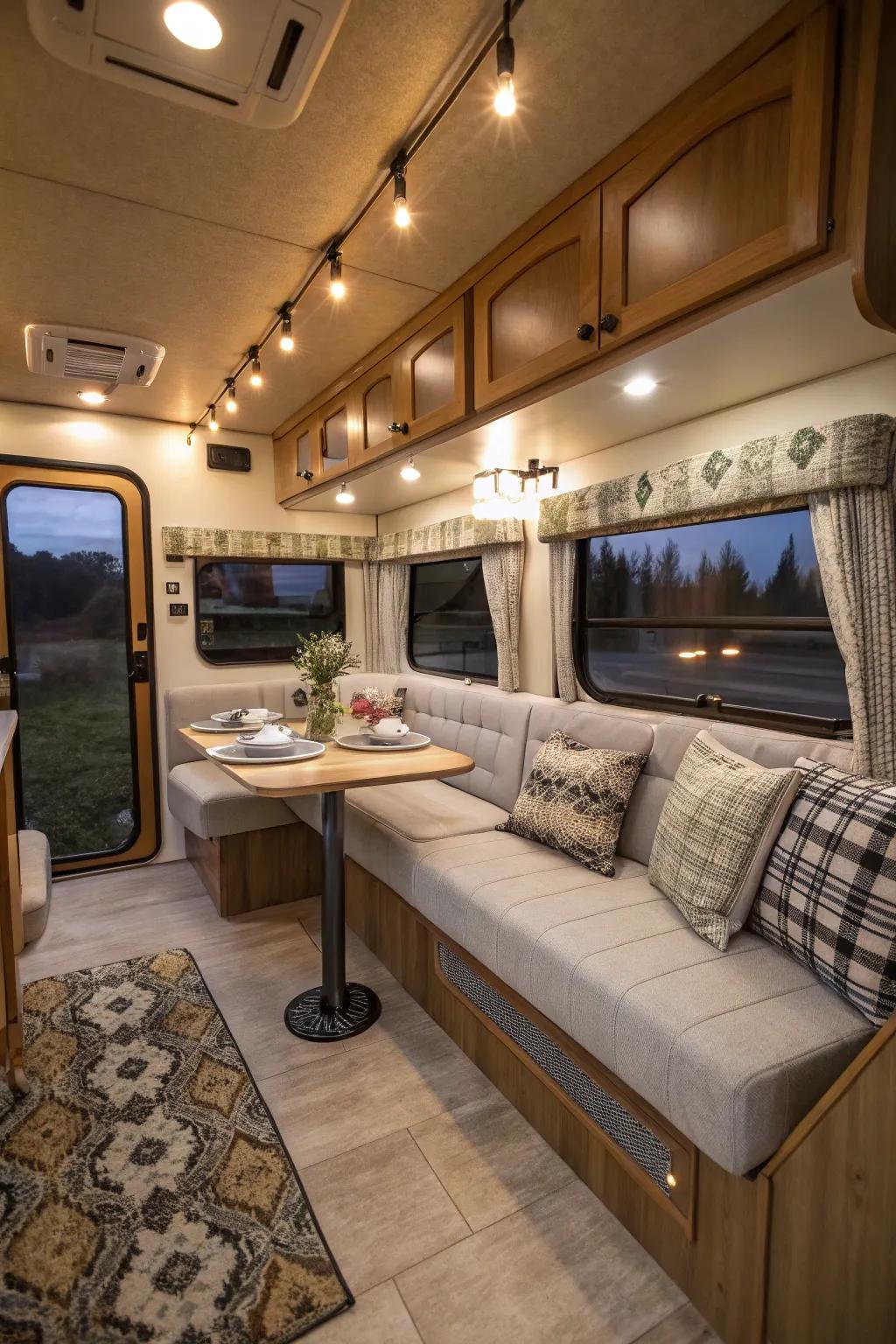 A travel trailer featuring a cozy banquette setup, perfect for dining and lounging.