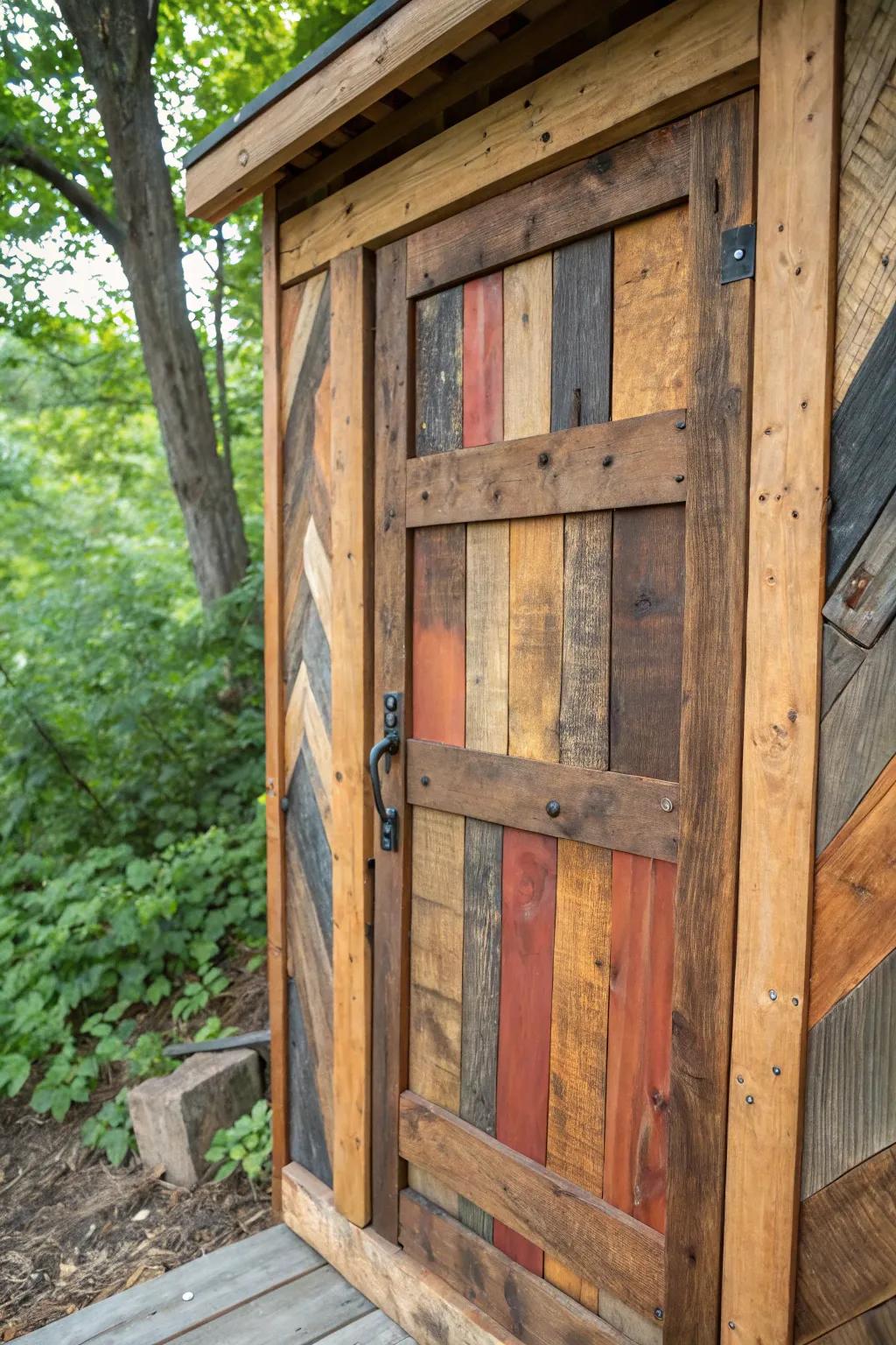 Unlock the charm of craftsmanship with a rustic pallet wood door for your treehouse.