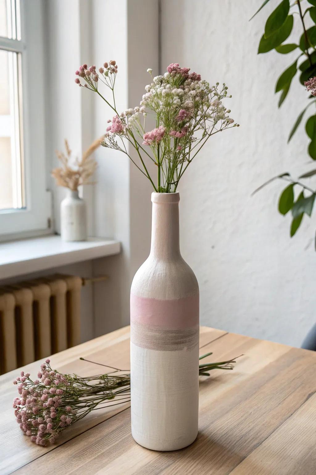 Transform wine bottles into minimalist boho vases for a touch of natural elegance.