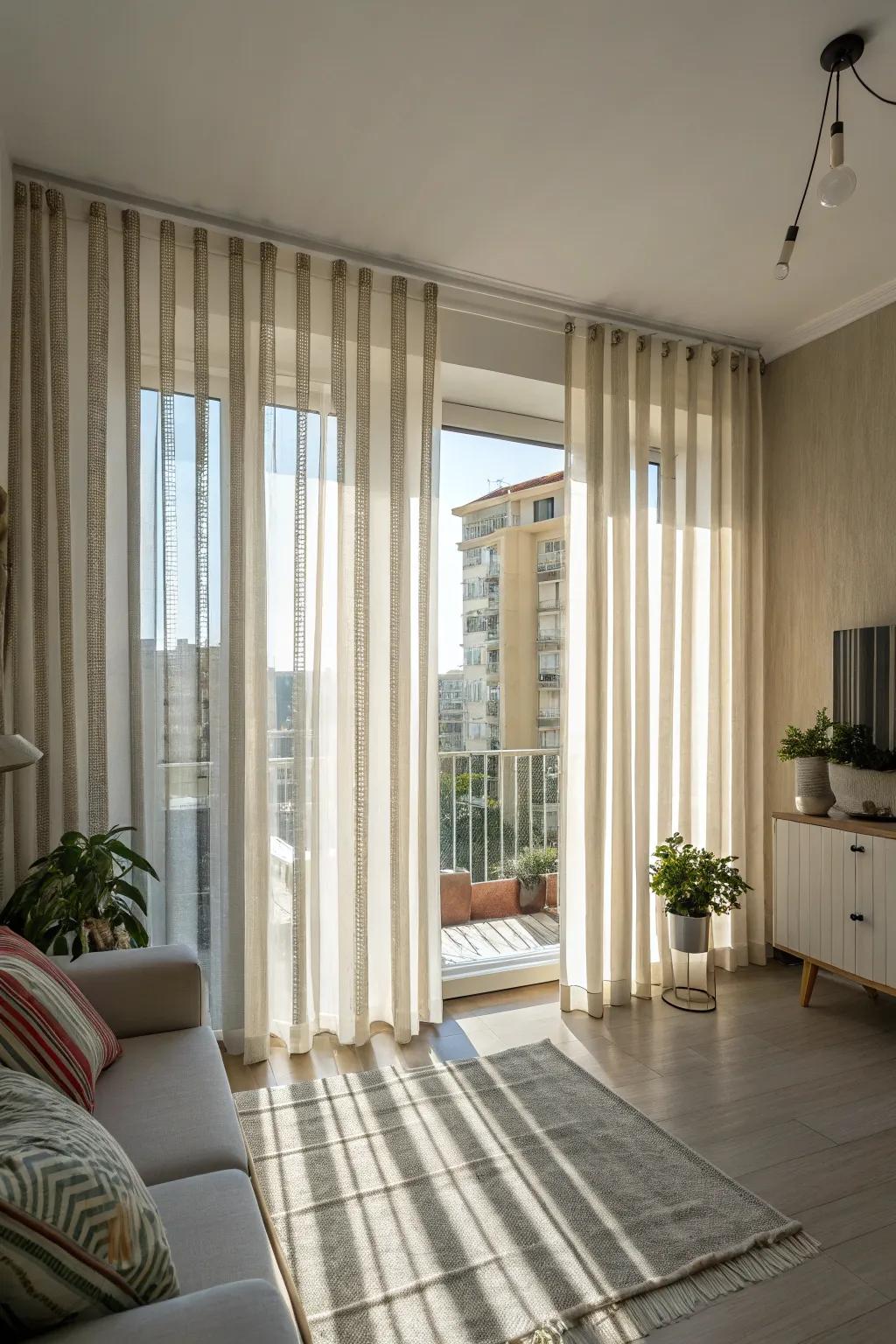 Striped curtains offer timeless style and height.