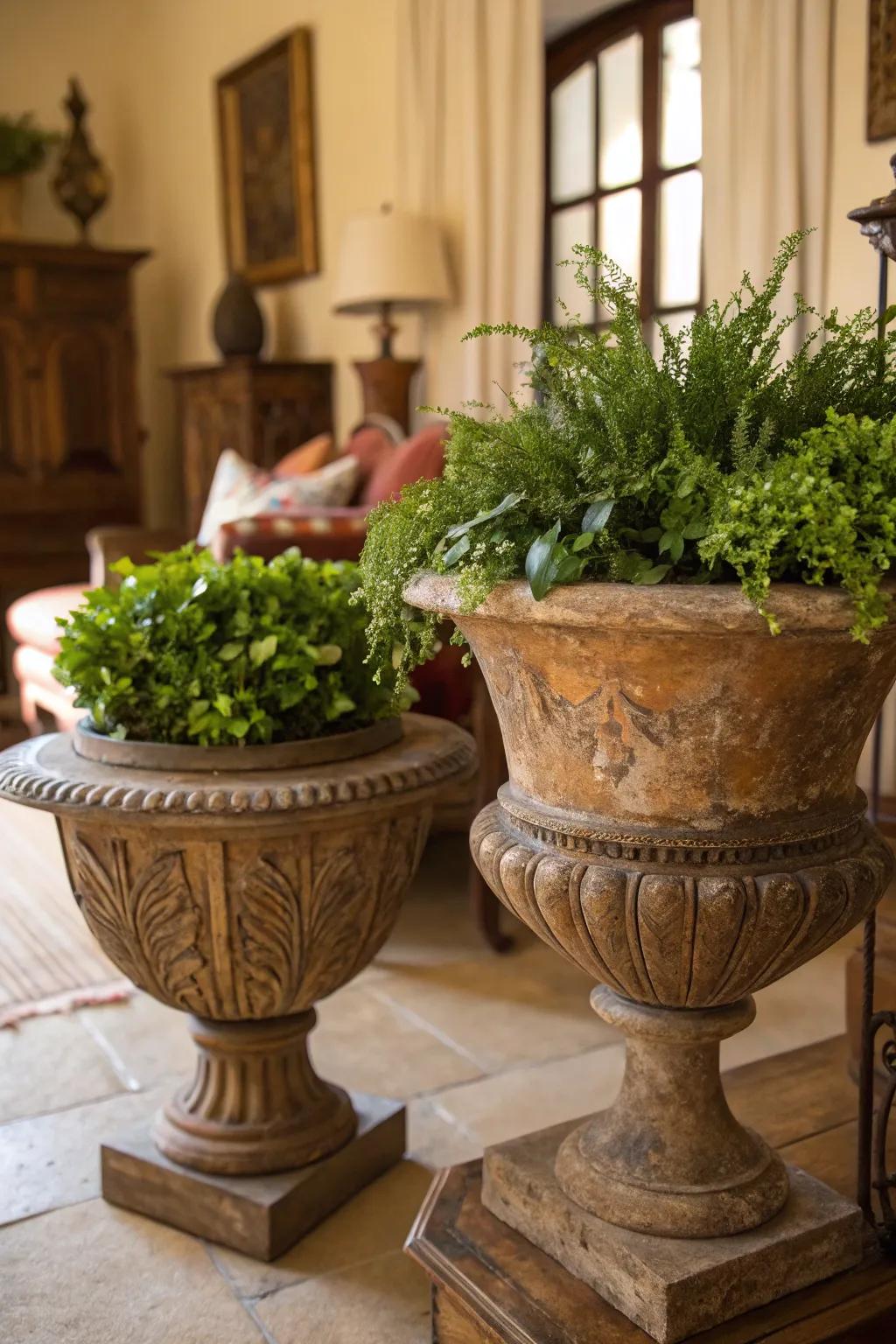 Vintage planters bring nature indoors.