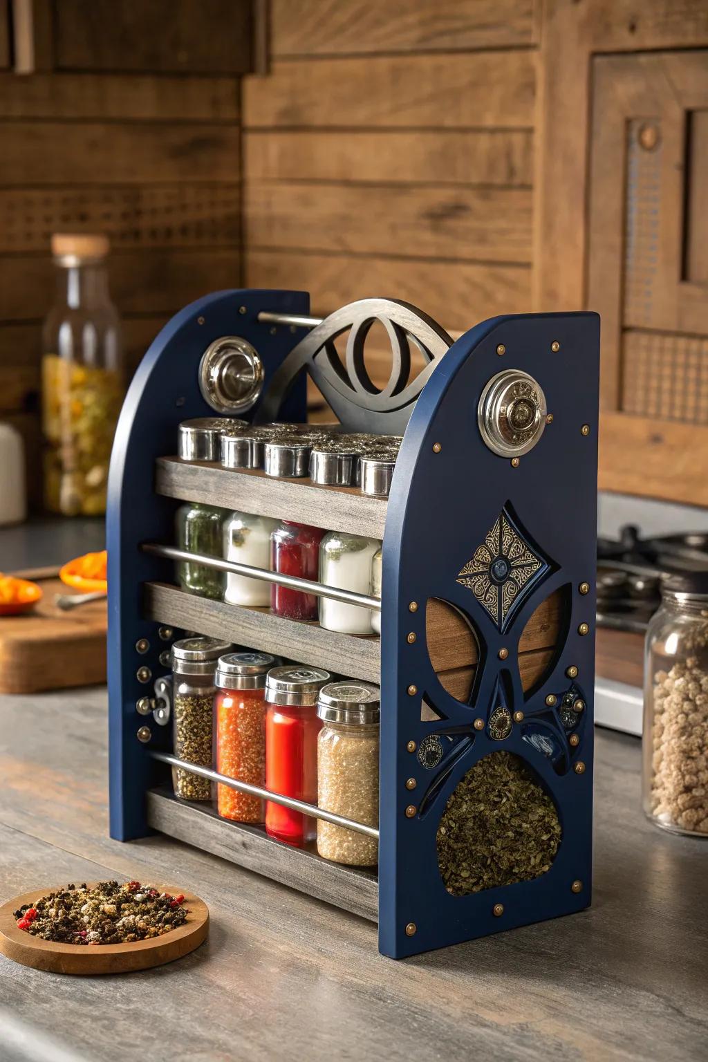 Elevate your kitchen style with this bespoke metal spice rack, where industrial design meets vibrant functionality.