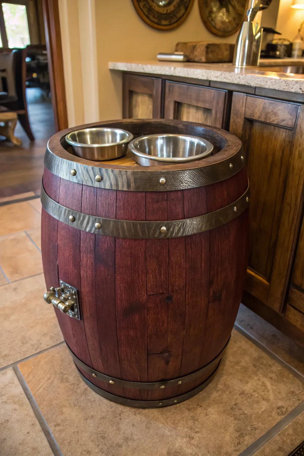 Elevate your pet's dining experience with this handcrafted wine barrel dog feeder—where rustic charm meets modern functionality.