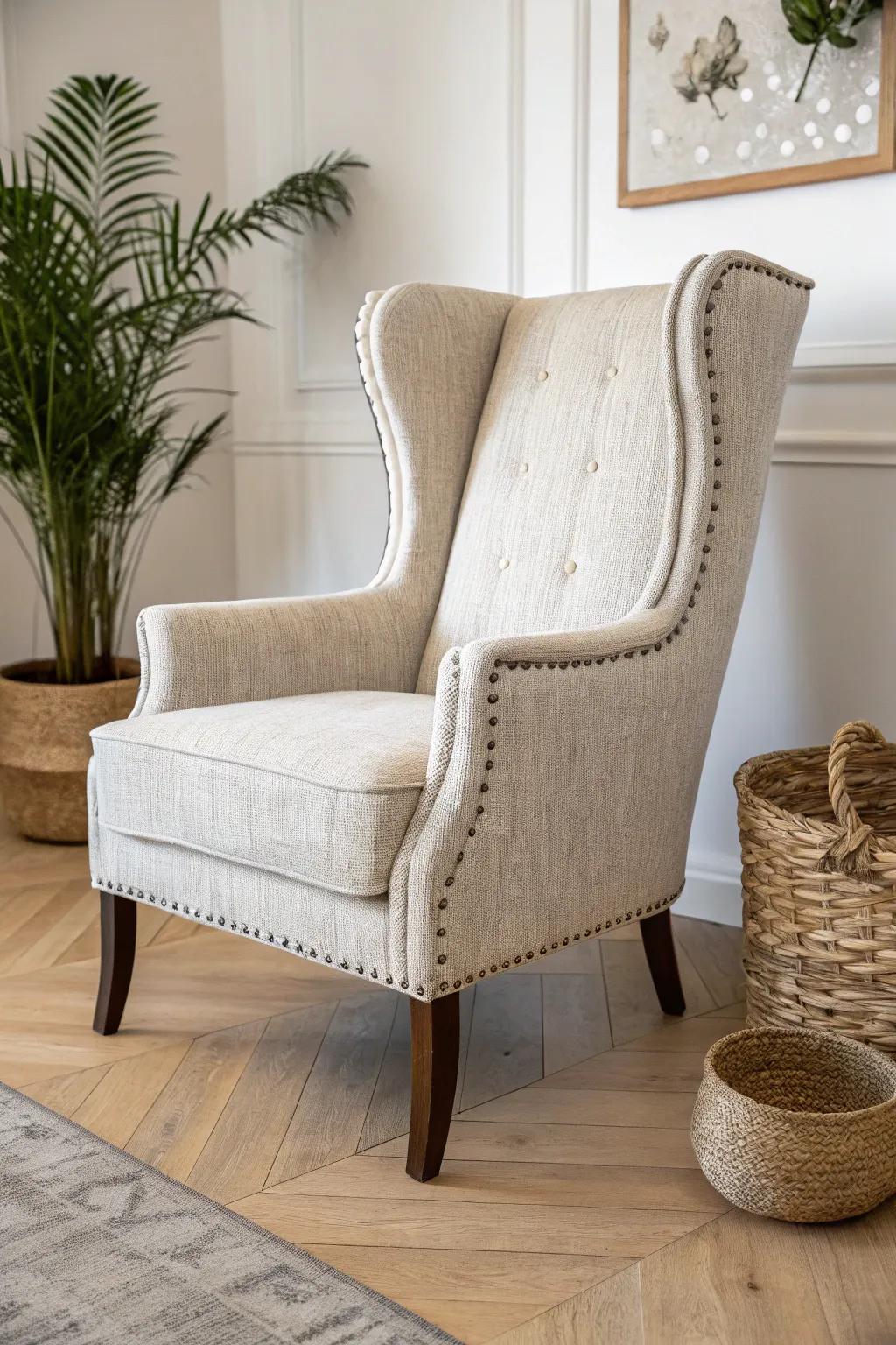 Elevate your space with a touch of sparkle: discover the beauty of metallic-threaded upholstery for your wingback chair.
