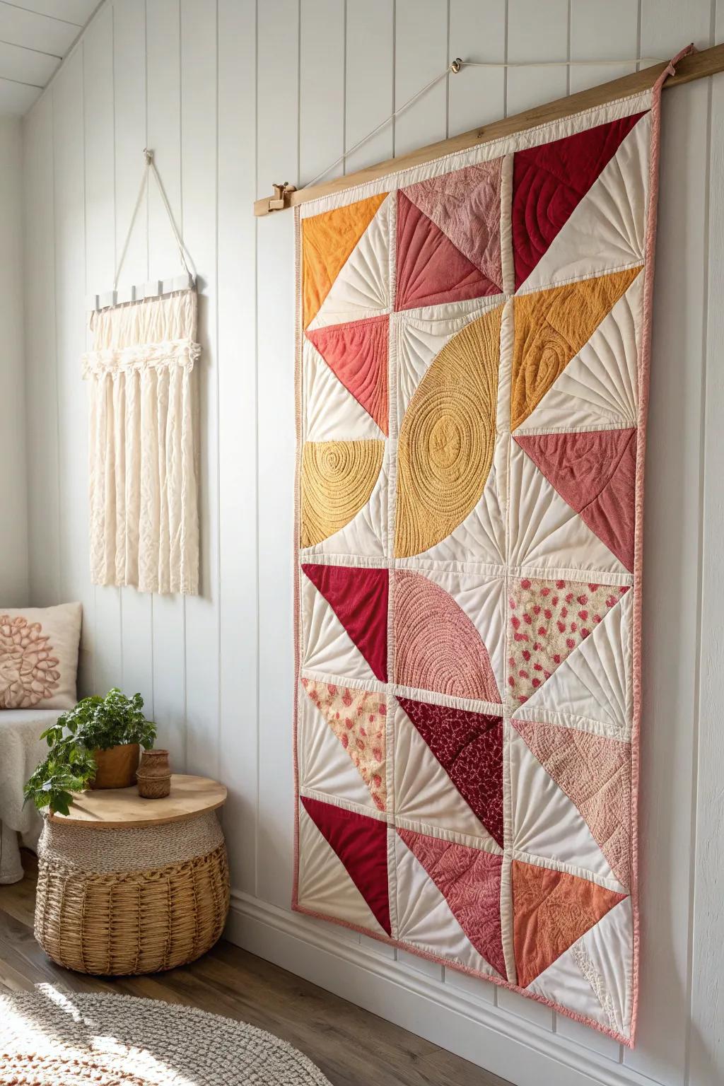 Embrace the art of textiles with this stunning quilted masterpiece that combines minimalist elegance with bold Bohemian charm.