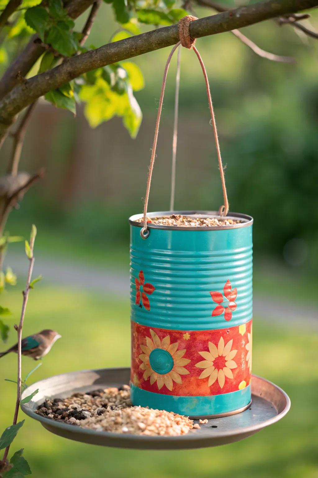 Elevate your garden with a DIY tin can feeder – a perfect blend of bold colors and minimalist charm!